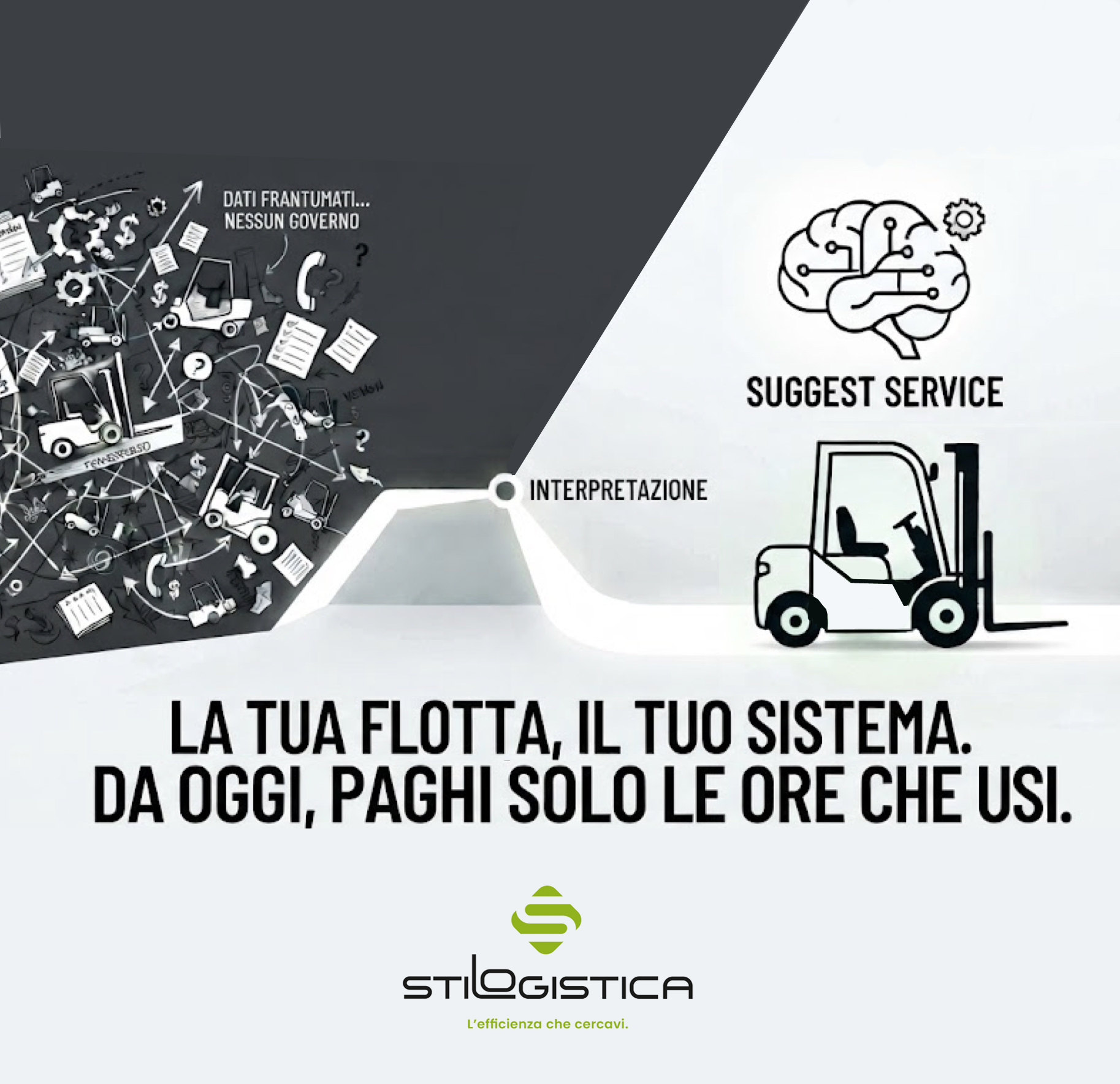 Grafica concettuale sulla gestione flotta carrelli elevatori e analisi dei dati
